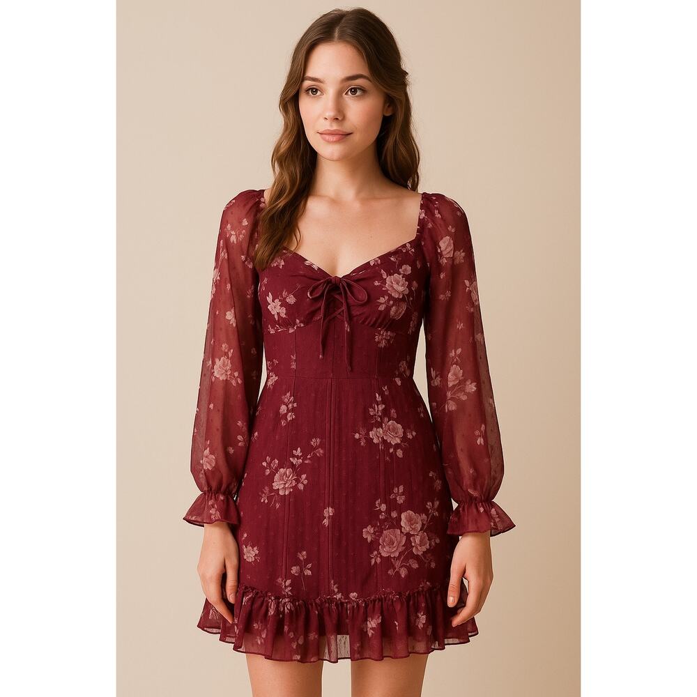 B. Darlin Burgundy Floral Mini Dress Chiffon Romantic Boho Cottagecore Sz 0
